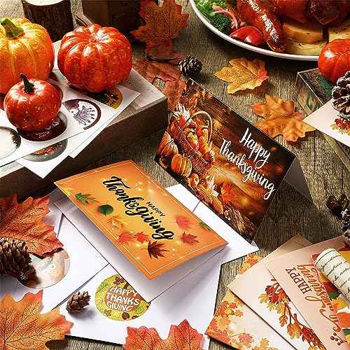 120 Pack Thanksgiving Greeting Cards with Envelope Bulk 4 x 6 Inch Happy Fall Pumpkin Holiday Family Card and 120 Pack Blank Envelope 24 Pcs Turkey Harvest Sticker Friendsgiving Religious Party Supply