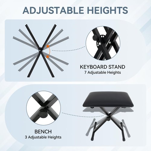 Imseigo Keyboard & Bench Set Sturdy Double-X Keyboard Stand Portable Adjustable Digital Piano Stand with Locking Straps, Keyboard Sticker, Anti-slip Foot Mats Black