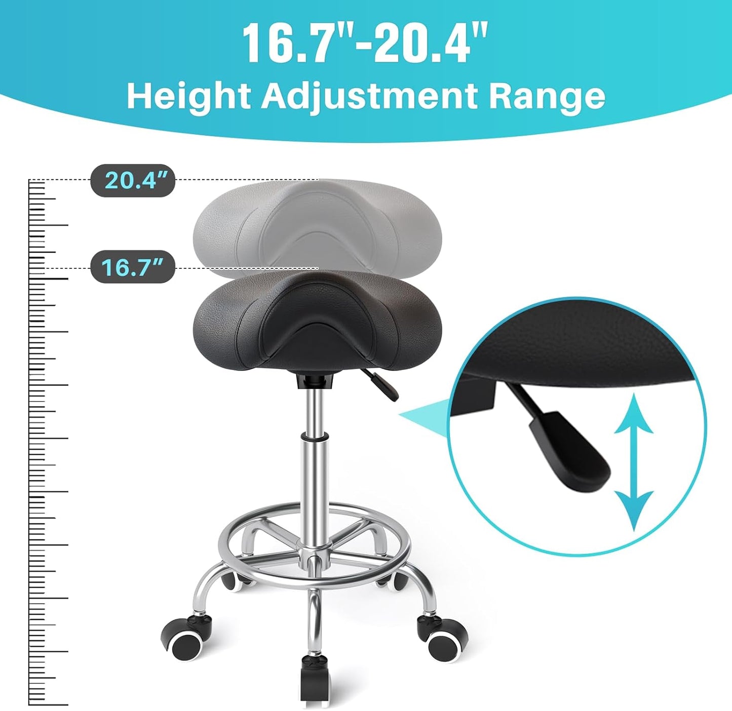 YEEZEE Saddle Stool - Ergonomic Rolling Chair with Wide Thick Padding | Adjustable Height & Wheels (Dark Black)