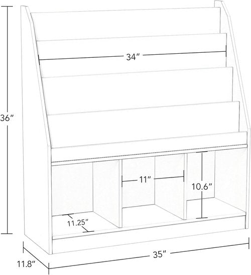 RiverRidge Kids Bookrack - 4 Shelves with 3 Cubbies for Organized Storage | White, 11.81"D x 35"W x 36"H