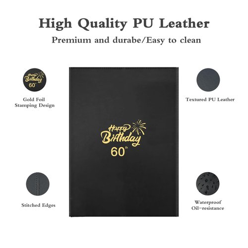 Kangmagitok Black Gold PU Leather Happy 60th Birthday Party Decorations Card Guest Book Ideas Supplies for Women Men to Sign Cheers to 60 Years Old Funny Table Decor Favors Banner her him