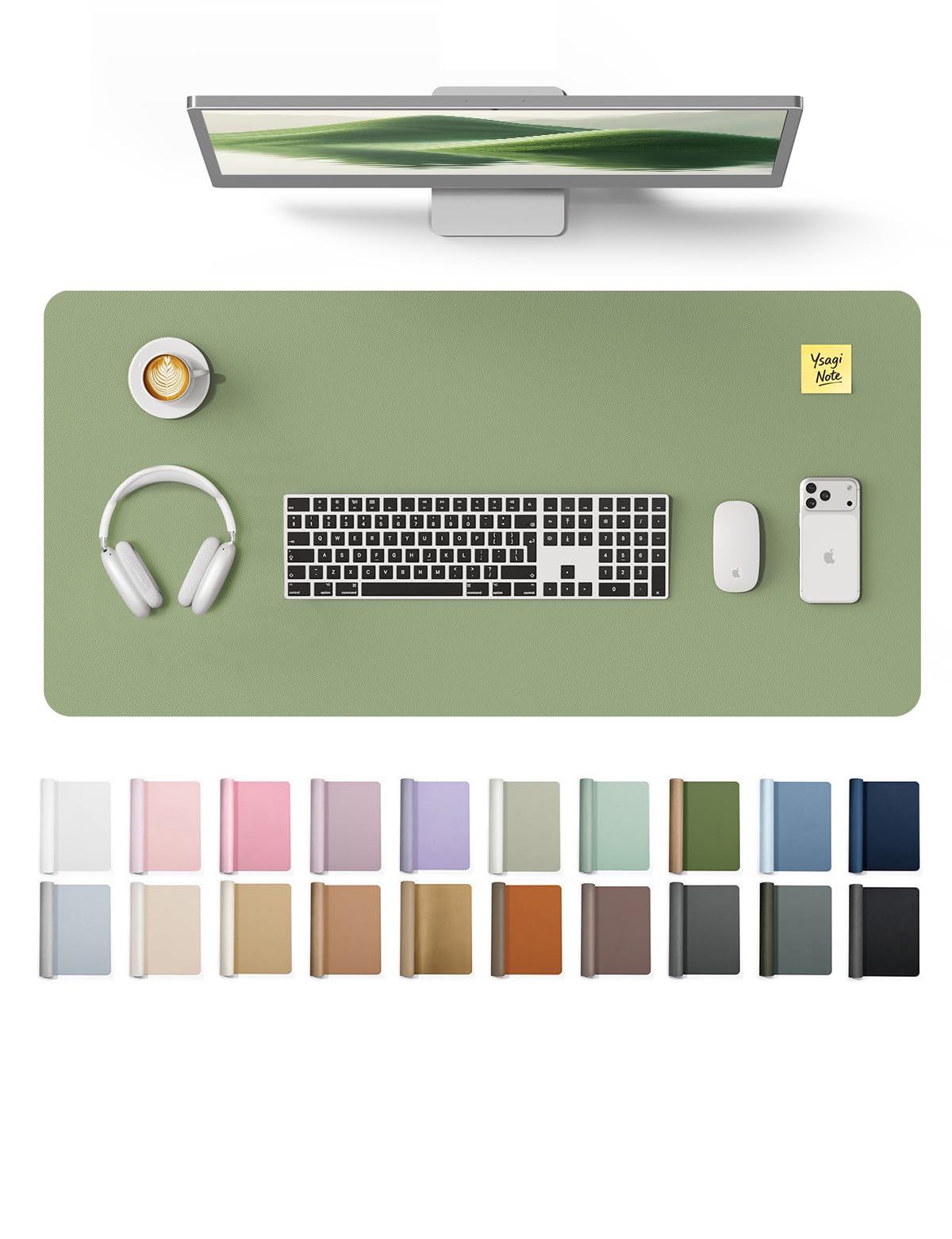 YSAGi Leather Desk Protector, Office Mat, Large Mouse Mat, Non-Slip PU Leather Blotter, Laptop Desk Mat, Waterproof Writing Pad for Office and Home (Bamboo Green, 31.5" x 15.8")