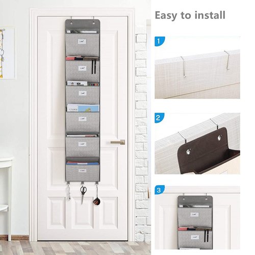Geodurn Over The Door File Organizer - 6 Extra Large Pockets Hanging Wall Mounted Storage Files Holder Pocket Chart for Magazine, Notebooks, Planners, Mails etc. Office Home Supplies