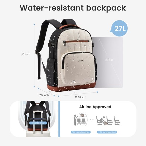 LOVEVOOK Laptop Backpack Women with Pouch Pocket for Large Capacity Cup,15.6 Inch Lightweight Puffer Computer Laptop Bag Travel Backpack Purse for Work College Teacher Personal Item,Black-White-Brown