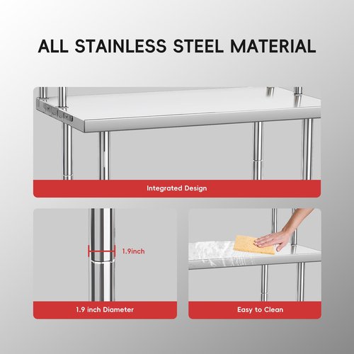 GarveeTech Stainless Steel Table with Overshelves, 30" X 24" Commercial Work Tables with 30" X 12" Shelf, Metal Kitchen Prep Table_ Shelving Combo