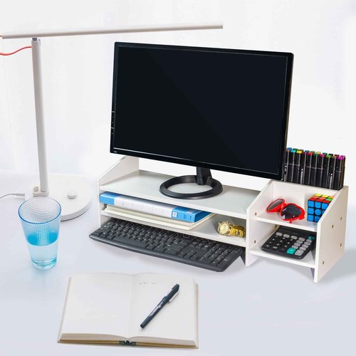 Catekro Monitor Stand Riser, 2 Tiers Wood Monitor Riser Stand with Storage Organizer, Multi-Purpose Desktop Organizer Riser for Computer,Laptop,Printer(White Maple Wood)