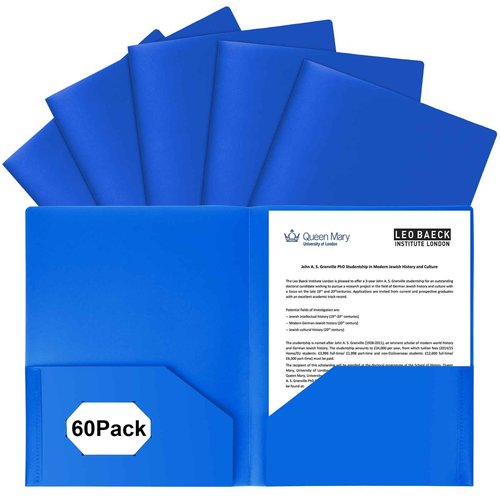 EEHZTSI 60-Pack Plastic Folders with Pockets,2-Pocket Poly Folders Holds 8-1/2" x 11" Paper for School/Office/Home, Blue