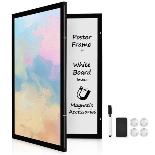 YCCYYCCY Black Frame Enclosed Whiteboard with Wooden Frame, Approx.16x11in Poster Frame and Functional Whiteboard for Office, Home(Poster Not Included)