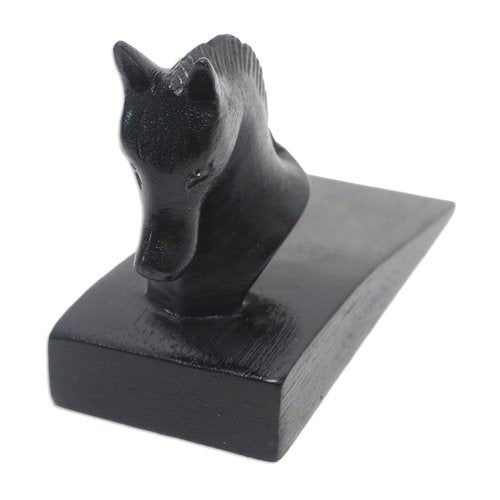 NOVICA Black Hand Carved Suar Wood Horse Door Stopper, 'Handy Horse In Black'