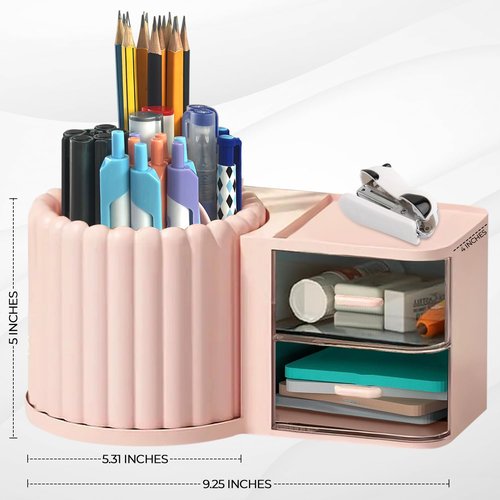 BRAINVI Rotating Desk Organizer With Drawer, Multi-Functional Pencil Holder For Desk, Desk Stationery, Desk Organizer And Accessories, Home Office Art Supplies Box With Drawer.