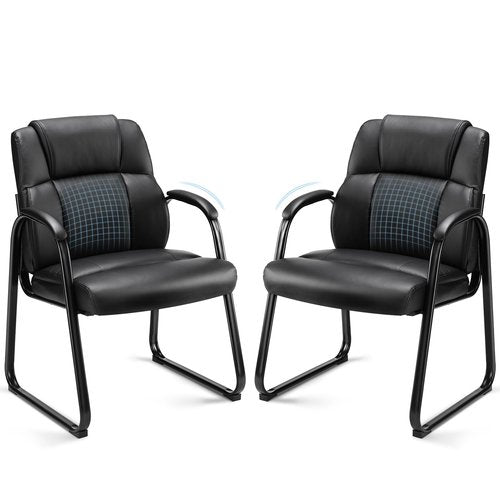 Sweetcrispy Waiting Room Guest Chair Set of 2, Leather Stationary Office Reception Chairs No Wheel, Comfy Padded Arms and Seld Base, for Conference Room Lobby Home Computer Desk Bedroom Elderly, Black