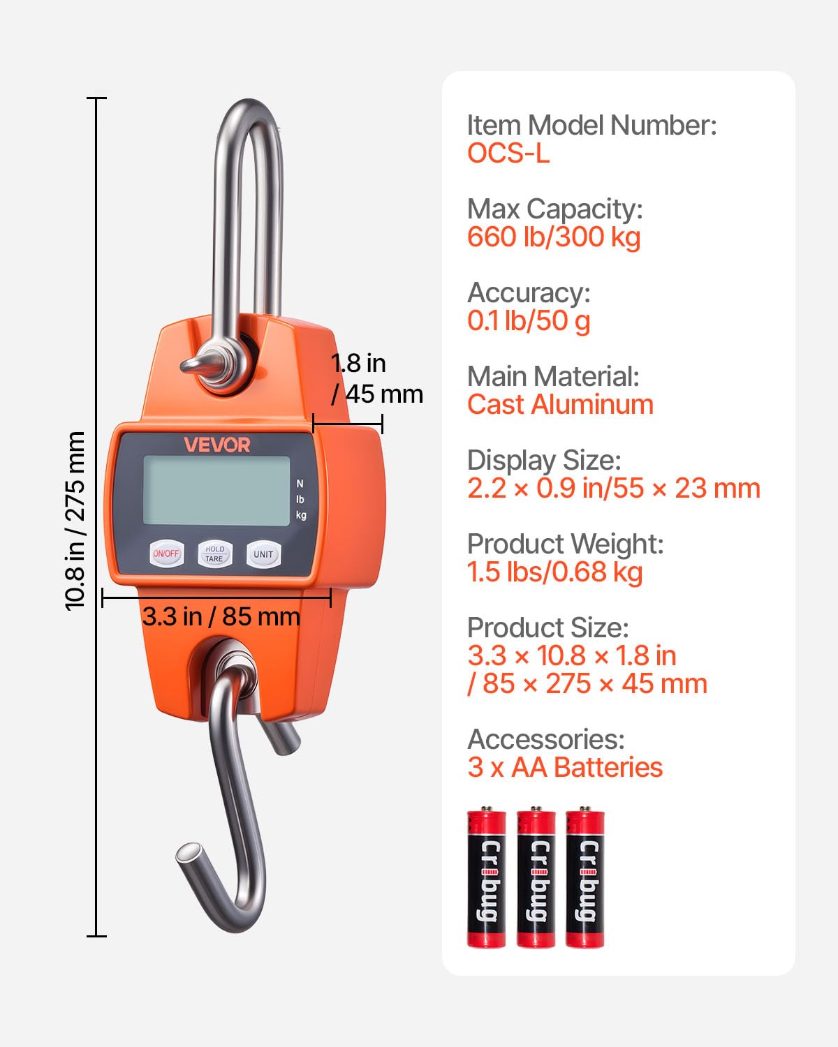 VEVOR Digital Crane Scale - 660 lbs Heavy Duty Hanging Scale with LCD Screen & Hooks | Orange