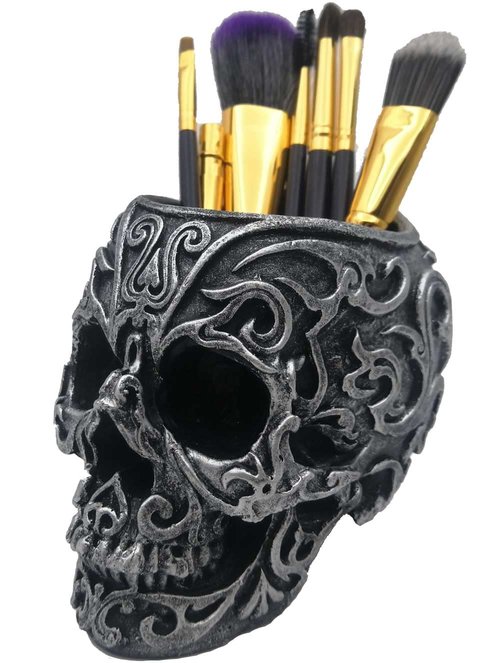 CUZOKOLA Gothic Skull Decor Makeup Brush Holder Vanity Decor with Strong Resin,Pen Holder for Home Office Desk Decorative&Succulent Flowerpot (Silver)