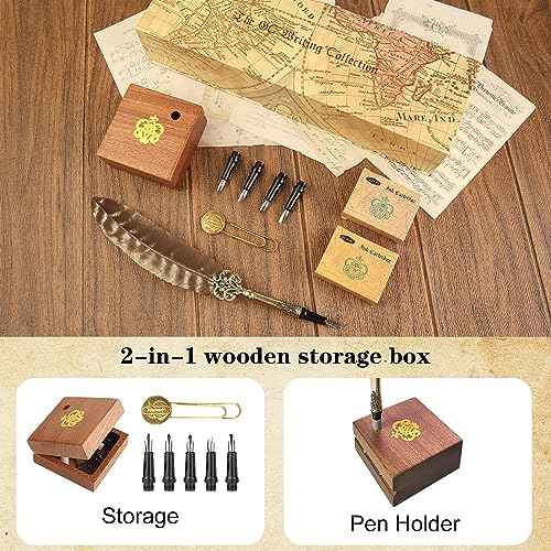 GC QUILL Calligraphy Feather Fountain Pen and Ink Set, Quill Pen with 5 Varied Nibs and Ink Cartridges, Calligraphy Set for Beginners ? MU-15