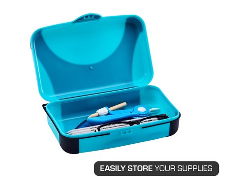 It's Academic Pencil Case, Hard Pencil Box Holder for Kids, Durable Plastic with Latch, for Pencils, Pens, Markers, Crayons, Blue & Black