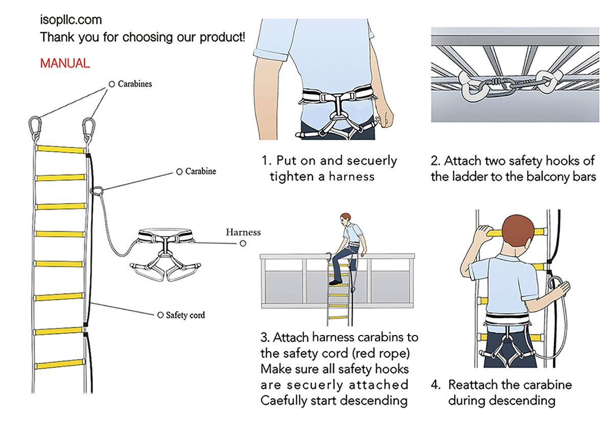 ISOP Fire Evacuation Rope Ladder 4 Story 32ft with Fall Arrest System & Spring Hooks - Rescue Ladders for 4-Story Homes - Fireproof & Weather Resistant - Life-Saving Escape Ladder 10m - Lifesaving