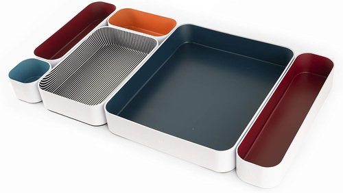 Three by Three Seattle 6 Piece Metal Organizer Tray Set for Storing Makeup, Stationery, Utensils, and More in Office Desk, Kitchen and Bathroom Drawers (2 Inch, Berry, Sunset, Blue, Stripes)