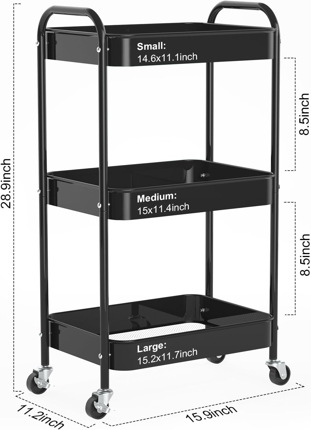 3-Tier Rolling Metal Storage Cart - Multi-Functional Organizer with Wheels for Office, Kitchen, Bathroom | Easy Assembly (Black)