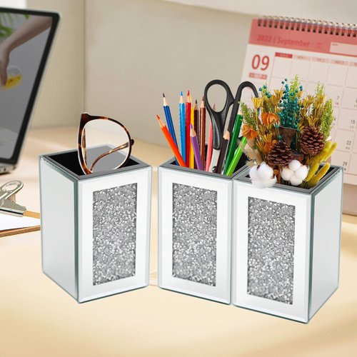 Pibeyer Desktop Mirrored Pencil Holder Cup and Pen Holder, Crush Diamond Office Stationery Organizer, Set of 3