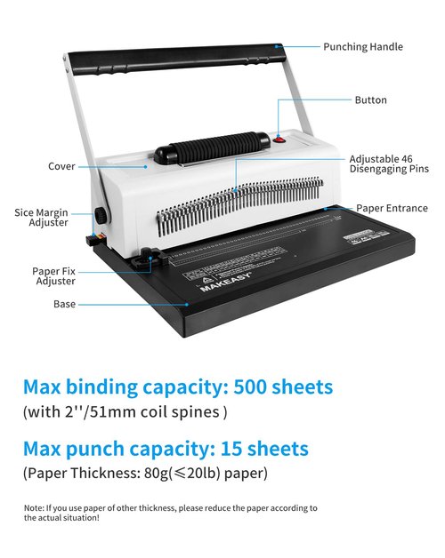 MAKEASY Spiral Coil Binding Machine with 46 Fully Disengaging Pins - Electric Coil Inserter - Adjustable Side Margin, Comes with Free 1 Box Coil Spines & Plier, 20 Sheet Punch Capacity