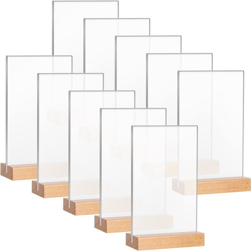 Maitys 10 Pack Acrylic Sign Holder 4 x 6.5 Inch Clear Double Sided Table Sign with Wooden Base T Shape Menu Display Stand for Wedding Restaurant Office Hotel Front Desk Store Tabletop