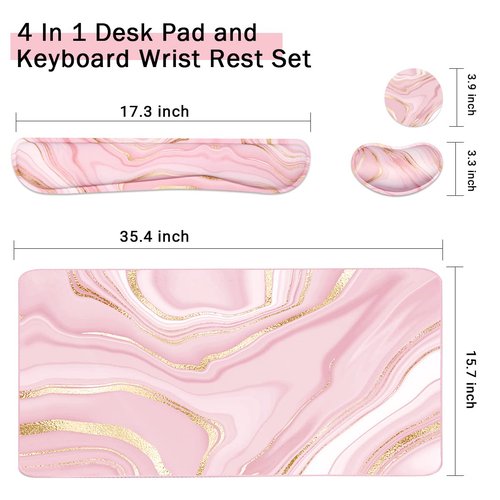 Keyboard Mouse Pad Set, Extended Mouse Pad+Keyboard Wrist Rest Support, Memory Foam Ergonomic Easy Typing, 3Pcs (35.4×15.7 in) Desk Pad Set for Home Office Study Game- Pink Gold