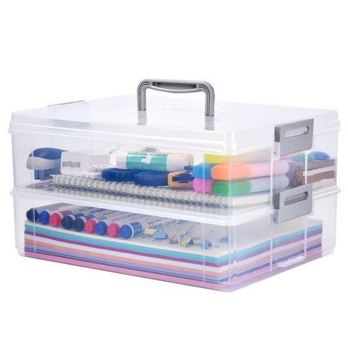 AZAZA 2-Layer Plastic Storage Box with Lid & Handle - Portable Transparent File Box for Organizing Photos, A4 Paper, Documents, Scrapbook, Art & Craft & Makeup | Paper & Art Supply Storage Organizer