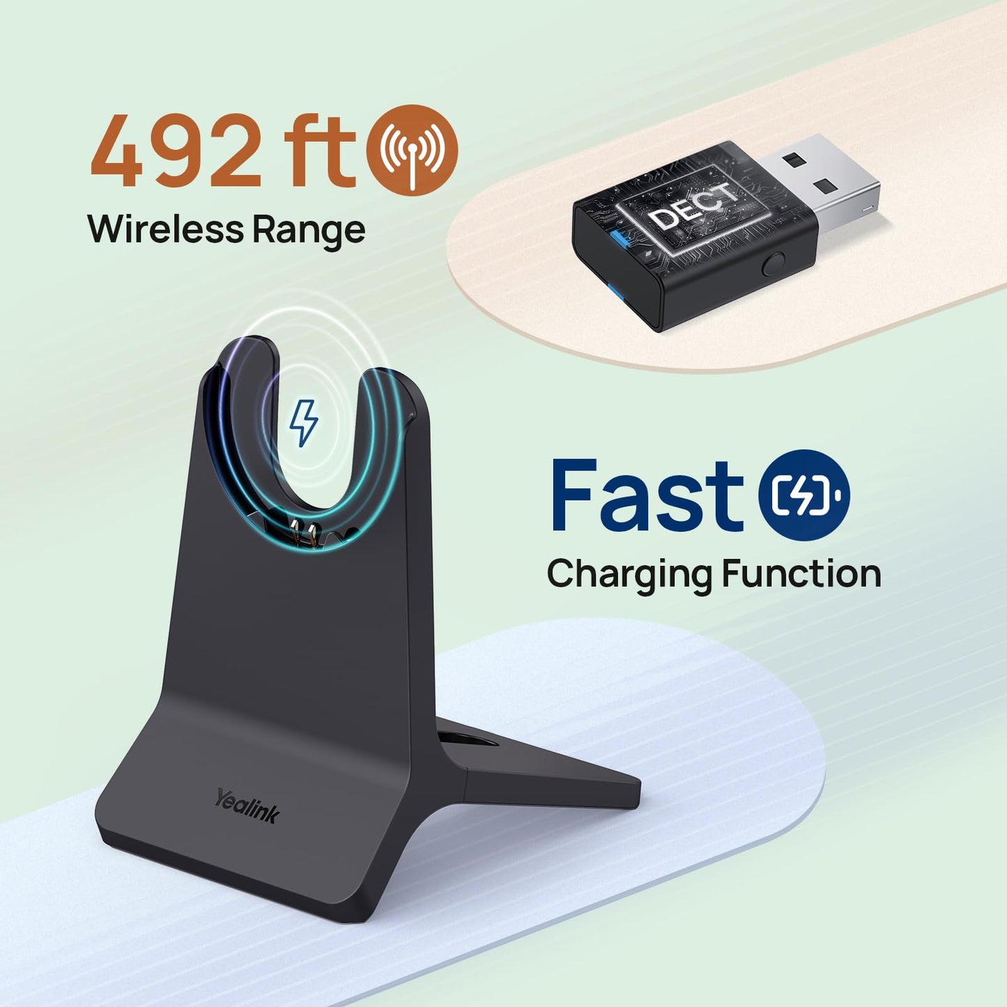 Yealink WH64 Hybrid Wireless Headset with Mic for Work, Mono Headset with Charge Stand, Bluetooth & DECT Dongle for PC/Computer/IP Phone/Cell Phones, Teams, Zoom, 492 ft Range, 26H Talk Time