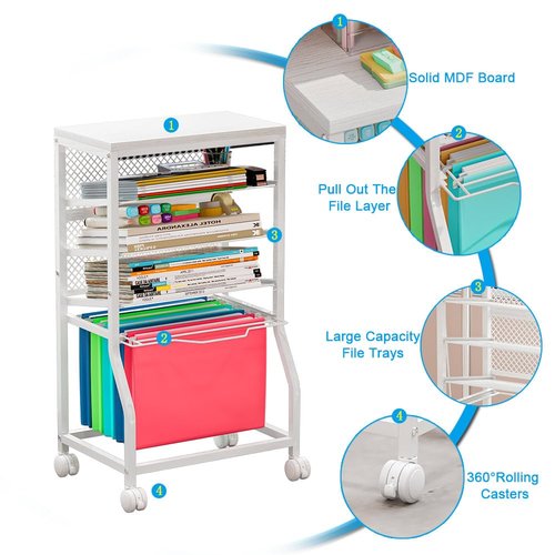 INGIORDAR Rolling File Cart,Under Desk Organizer on Lockable Wheels and Mesh Sliding Trays Multi-Functional Rolling Clutter Cart for Office, Home, School (White, 5 Tier)