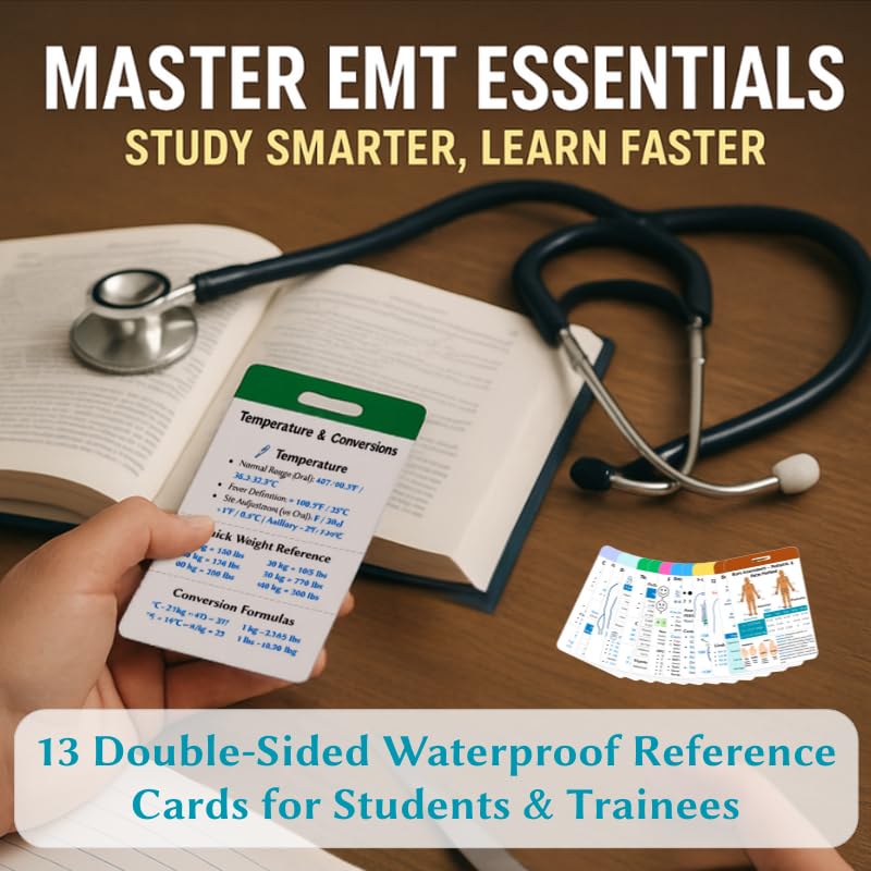 EMT Badge Card Set of 13 - Waterproof PVC Pocket Guide with Vitals, EKG & GCS