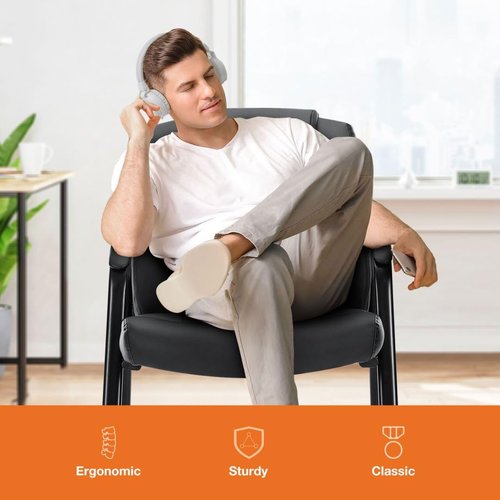 UOCFYK PU Leather Conference Room Chair, Tall Back Chairs with with Padded Arms and No Wheels, Guest Chair for Reception Waiting Room Black