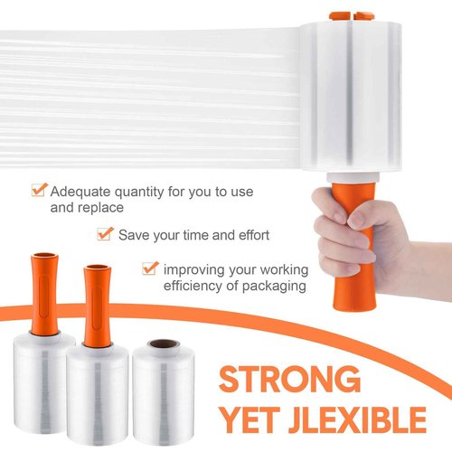 Jutom 8 Pcs Clear Stretch Wrap Roll Plastic Wrap for Moving with 2 Handles 5" x 1000 ft Cling Packaging Shrink Film Self Adhering Shipping Supply for Moving Bounding Storing Pallet Furniture (Orange)