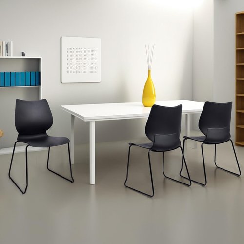 KLASIKA Stackable Waiting Room Chair, Stacking Office Chair with Ergonomic Lumbar Support and Metal Legs, Plastic Desk Chairs for Conference School Church Guest Reception Set of 12, Black