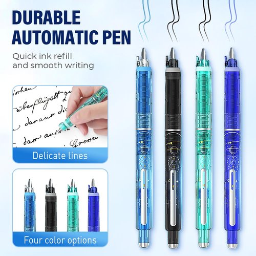 Fountain Pen Retractable,Blue&Black Ink Transparent Barrel Includes 5 Refillable Ink Cartridgesb,0.38mm Medium Nib Transparent Barrel for Smooth Writing No Leaking (Dark Blue, Blue (erasable))
