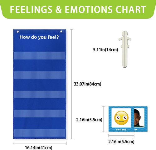 Boczif Emotions Feelings Pocket Chart - 24 Cards for Classroom & Calm Down Corner | Blue