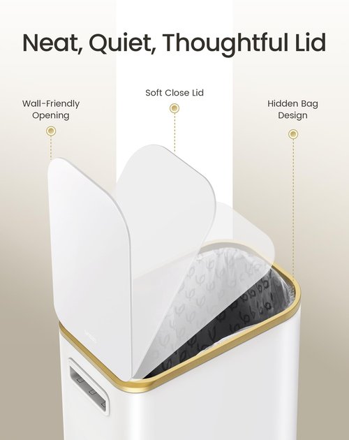 Cesun Small Bathroom Trash Can with Lid Soft Close, 5 Liter/1.3 Gallon Stainless Steel Garbage Can with Removable Inner Bucket, Step Pedal, Slim Waste Basket for Toilet, Office, Bedroom (White&Gold)