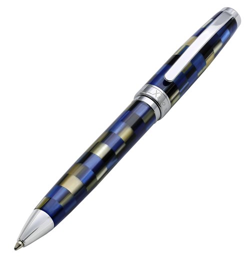 Xezo Urbanite Ballpoint Pen, Medium Point. Retro Blue, Black, and Cream Checkered Acrylic on Brass and Aluminium. Chrome Plated. Limited Edition and Serialized. No Two Alike