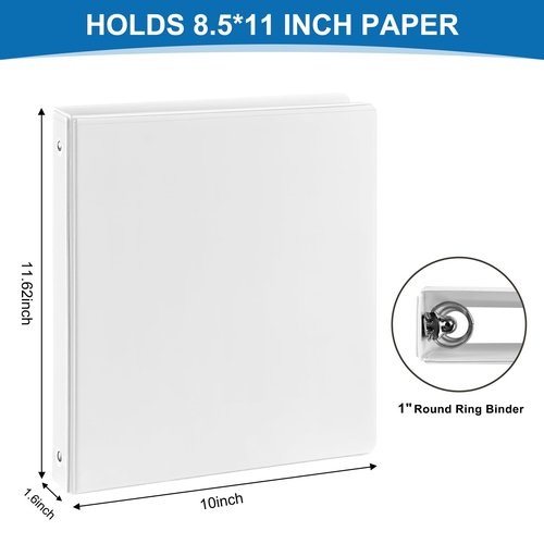 SUQJOY 1-inch 3-Ring Binder, 1 Inch Round Ring Binder with 2 Inside Pockets, 8 Pack White Binders, Clear View Cover, Holds 8.5'' x 11''Paper for Office/Home/Back to School