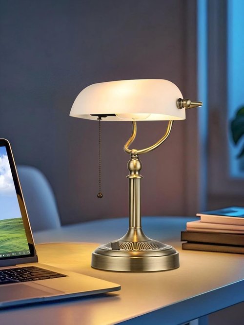 Newrays White Matted Glass Bankers Desk Lamp - Stepless Dimmable Table Lamp for Home Office & Study