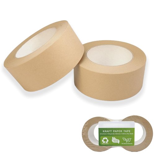 Hijelyn Eco-Friendly Brown Packing Tape 2 Rolls Recyclable Kraft Paper Tape for Moving & Shipping Boxes, Odorless and Quiet, Carton Sealing Storage Packaging Supplies, 2 Inch x 66 Yards/per roll