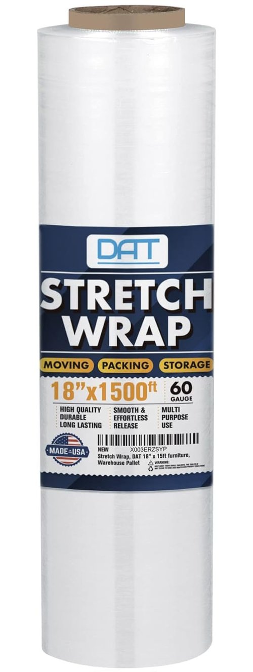 DAT Stretch Wrap - 18” x 1500 ft | 60 Gauge Durable Clear Plastic Shrink Film for Packing & Moving