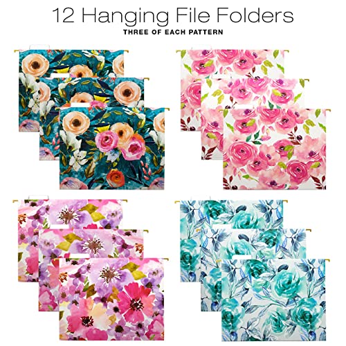 Global Printed Products Deluxe Designer Hanging File Folder Kit, Includes Metal Hanging Basket, 12 Hanging Folders, 24 File Folders, 1/3 Cut Tab, Assorted Positions, Letter Size (Floral)