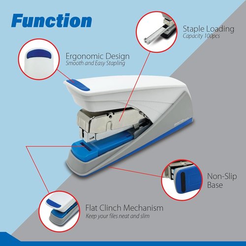 Easy-Flat Stapler | Effortlessly Staples 20-25 Sheets with 50% Less Force - Durable Steel/ABS Design (Blue & White)