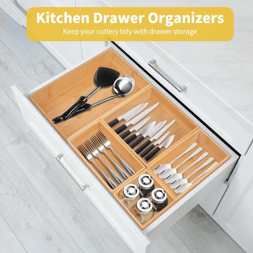 IUMLXJO 5PCS Bamboo Drawer Organizer with Adjustable Wood 2 Drawer Dividers, Stackable Makeup Desk Junk Storage Boxes Container Trays with 7 Grid for Kitchen Utensils,Bathroom, Office