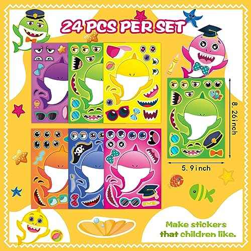 24 Sheets Make a Shark Stickers for Kids, Ocean Animals Arts and Crafts, Make Your Own Sea Animal Sticker for Party Favors, Summer Stickers for Kids Classroom Activities Teacher Reward