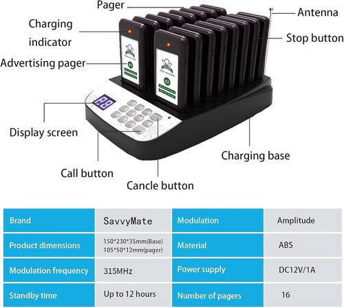 Buzzers for Restaurant - 16 Wireless Pagers,1640ft Long Range with Beeping(Can Be Canceled),Vibration,Flashing,Buzzer System for Food Truck, Church, Cafe,Nursery,Bars
