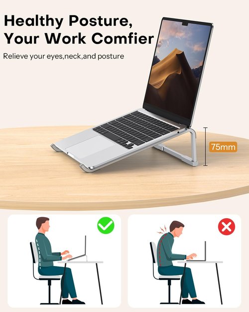 OMOTON Portable Laptop Stand - Ergonomic Aluminum Riser for 10-17.3'' Laptops | Silver Finish