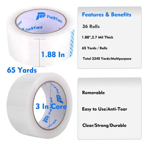 Packing Tape Refill Rolls Heavy Duty 36 Rolls Sealing Great for Packing Box Shipping and Moving Supplies Packaging 1.88" x 65 Yards 3" Core 2.7 Mil Thick