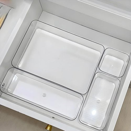 Kutesna 25 PCS Improved Large Drawer Organizer Set, Clear Plastic 4-Sizes Desk Organizer Trays, Drawer Dividers & Storage Bins for Office, Makeup Vanity, Kitchen, Bathroom, Jewelry, Gadgets