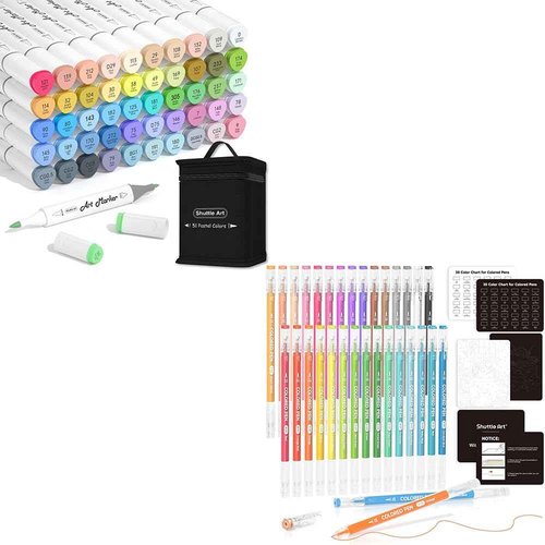 Shuttle Art Alcohol Marker Bundle, Set of 51 Pastel Colors Brush & Fine Tip Alcohol Markers + 30 Colors Journal Pens